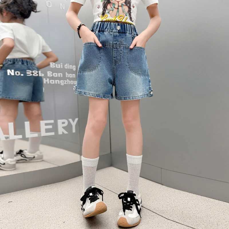Girls one-line bag denim shorts 2025 new summer thin fashion jeans casual sports shorts 5-15 years oldC250617