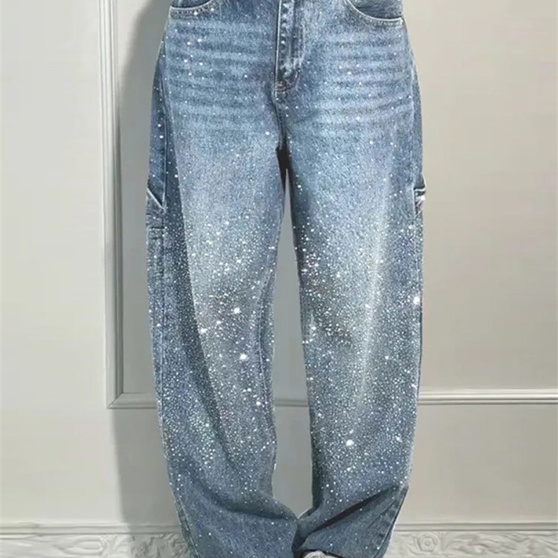 Womens Shining High Waist Denim Jeans Pant With All-Over Rhinestones Straight Leg Pants Trendy Casual Streetwear Trouser 250617