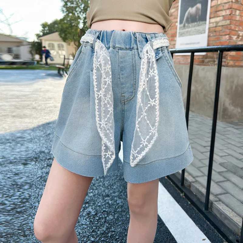 Girls lace belt denim shorts 2025 summer new product fashion jeans casual sports shorts 5-15 years oldC250617