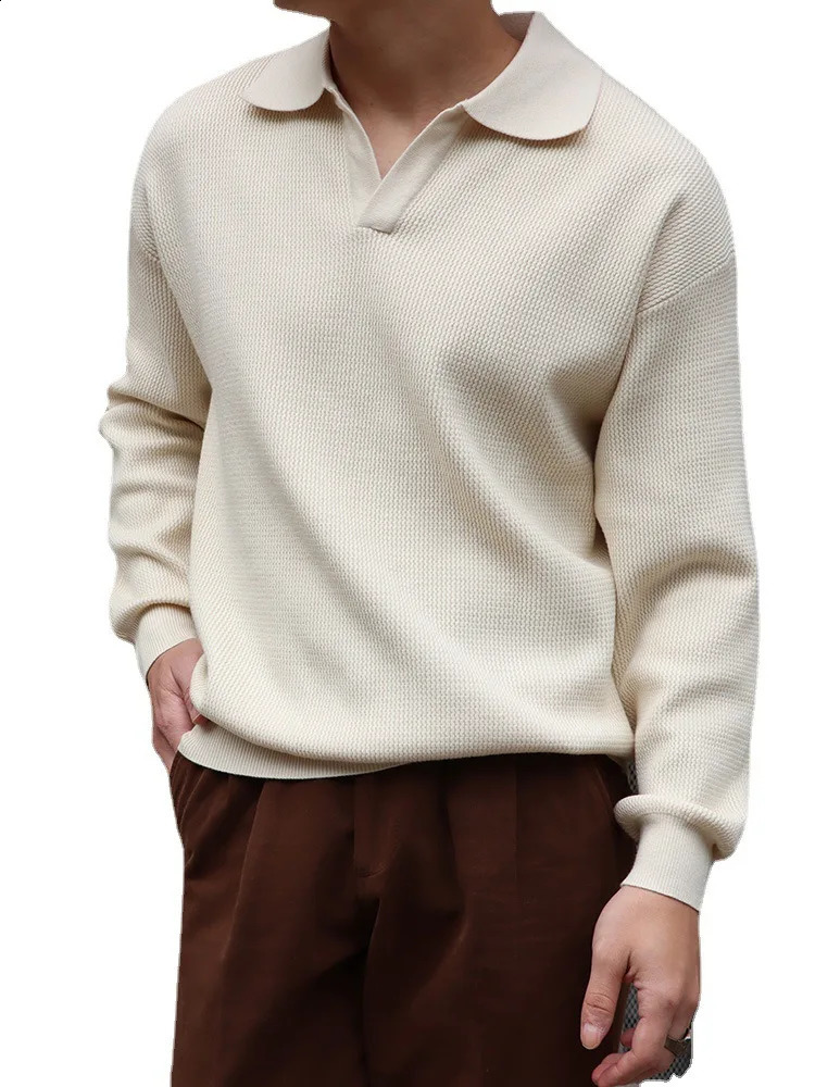 Fashion Solid Color Men Polo Kint Shirt Autumn Long Sleeve Turn-down V-neck Sweater Casual Jumper Tops Mens Knitwear Clothe 250617
