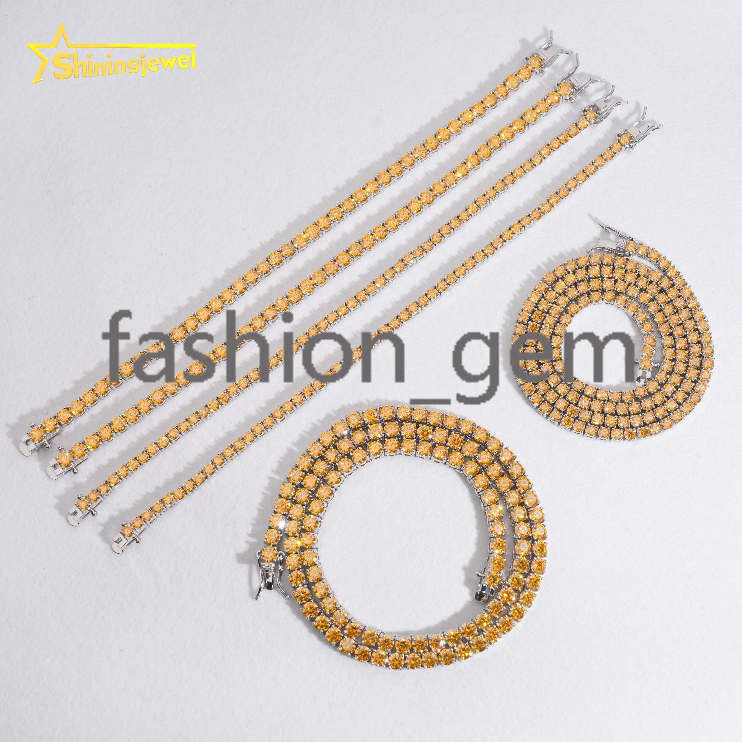 New Arrival 3mm 4mm Yellow Gold Moissanite Diamond Tennis Necklace 925 Silver Fashion Jewelry Hip Hop Tennis Chains Bracelet