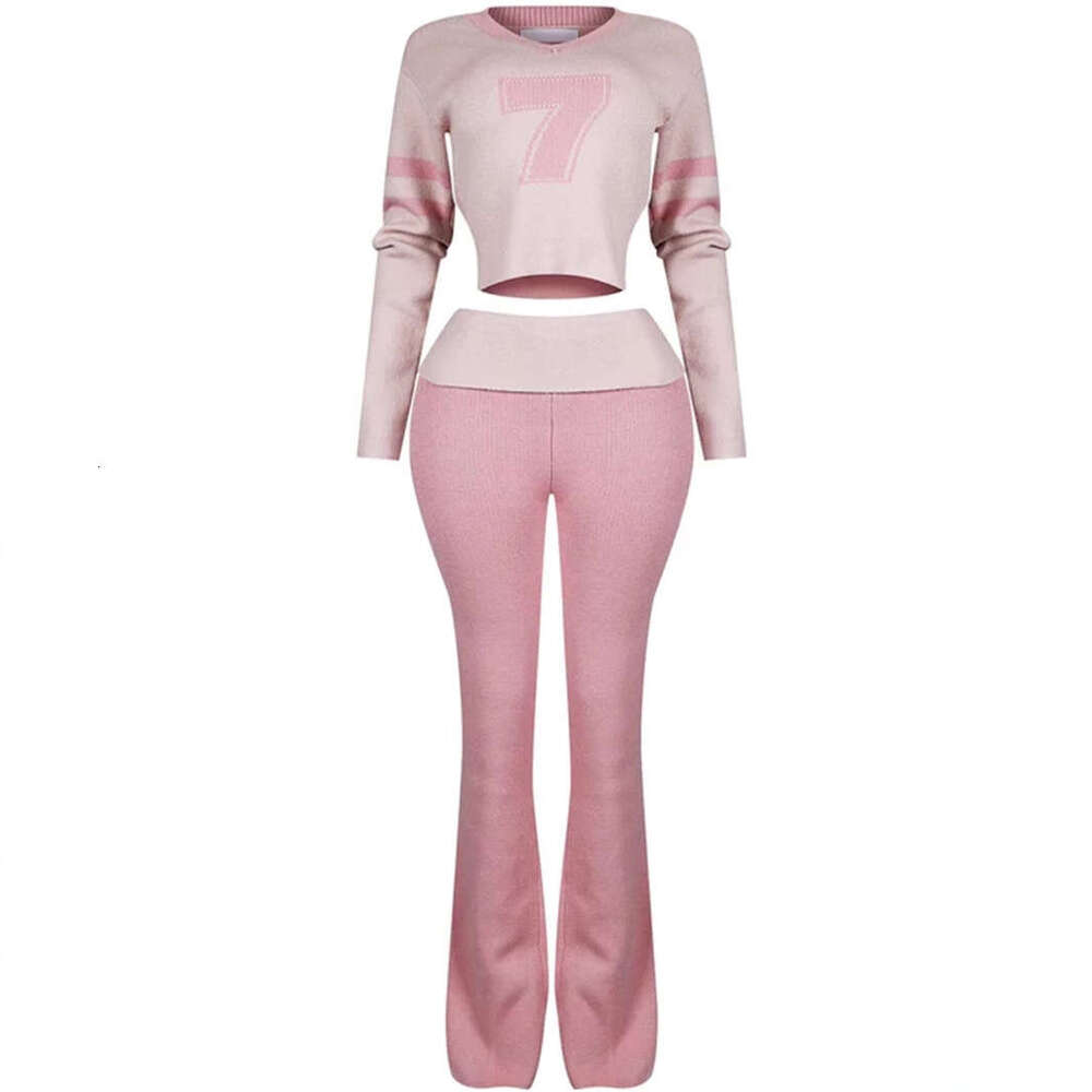 New Color-Block Fashion Versatile V-Neck Solid Color Knitted Casual Long Sleeve Top And Pants Set B5