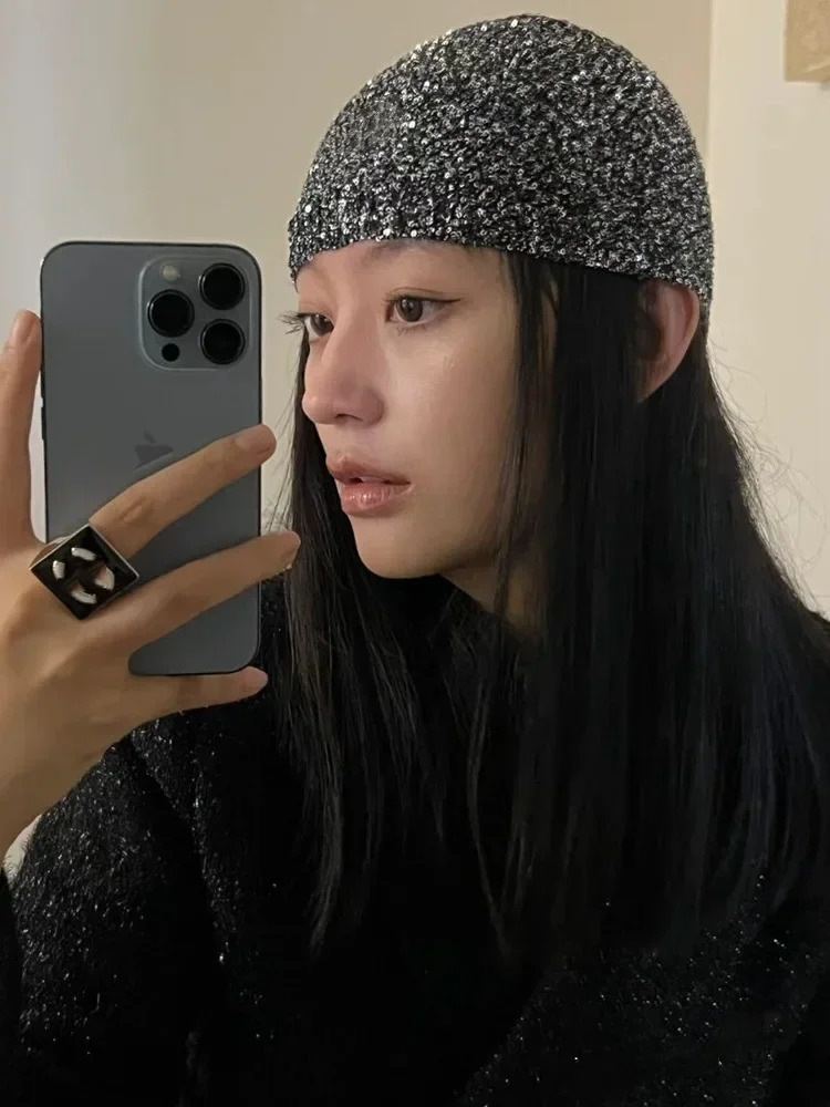 Korean Style Y2k Shiny Cold Cool Street Knit Hat Autumn Winter Girl Glitter Fashion Knitted Bag Head Beanie Hat 250618