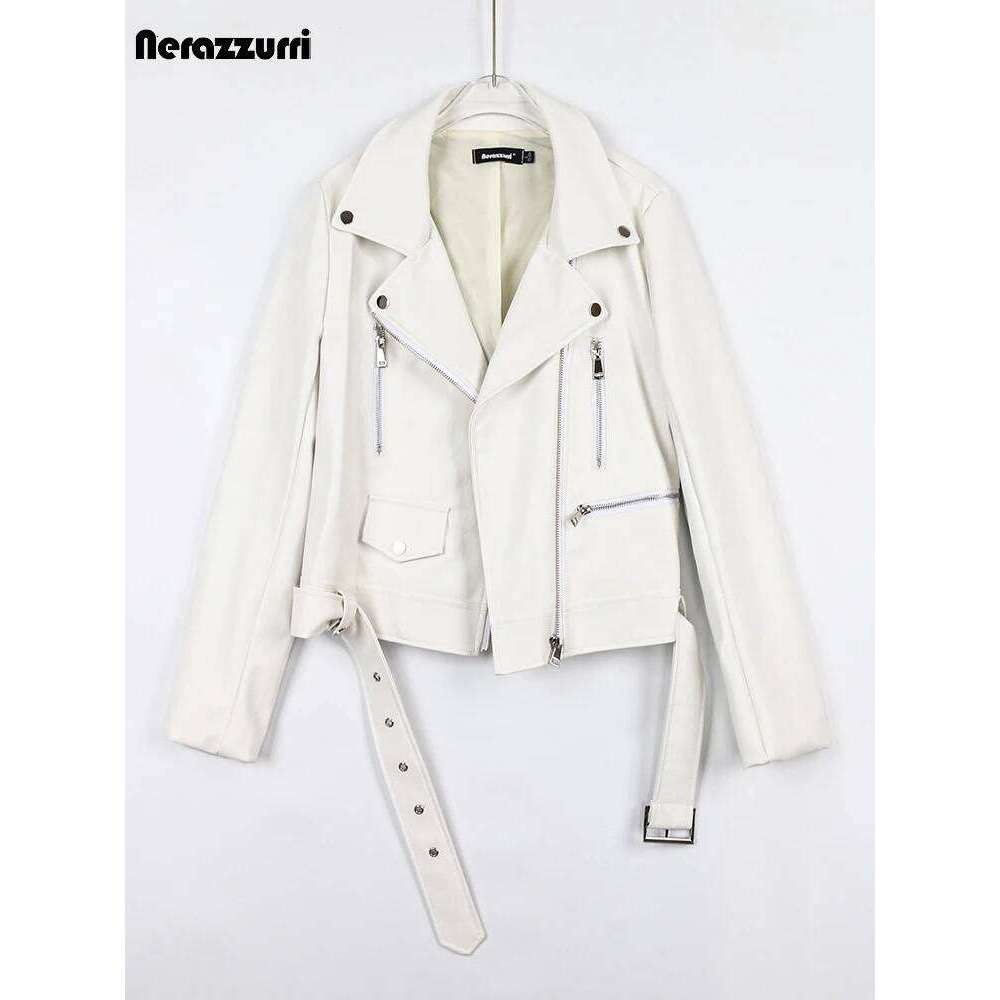 Nerazzurri Spring Autumn Short White Black Soft Faux Leather Biker Jacket Women Long Sleeve Zipper Belt Cool Outerwear
