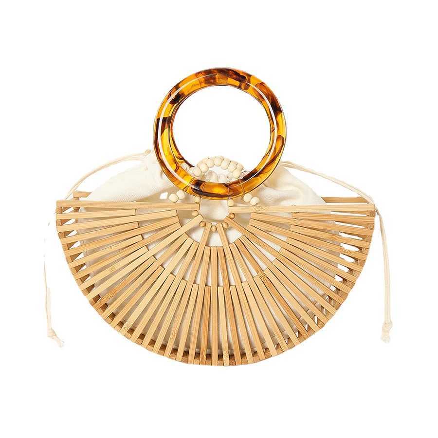 Vintage Half Round Bamboo Beach Handbags Women 2023 Summer Hollow Out Round Acrylic Handle Woven High Quality Holiday Z250618