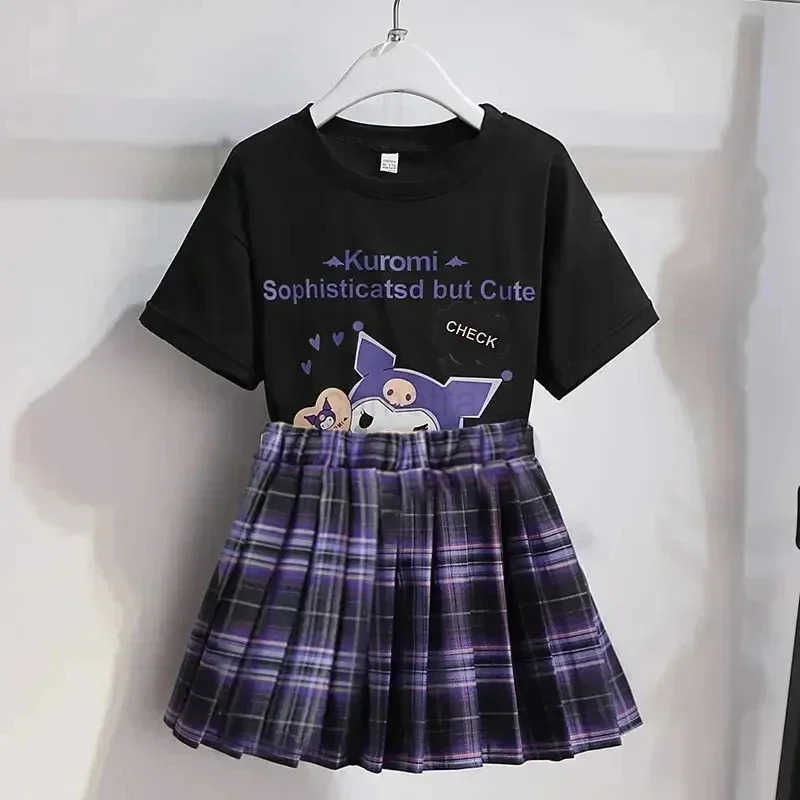Sanrio Kawaii Kuromi Short Sleeves Skirt Suit Sanrio Anime Child Preppy Style T-shirt Pleated Skirt Student Fashion Trend JK Uniform TwXJ250618