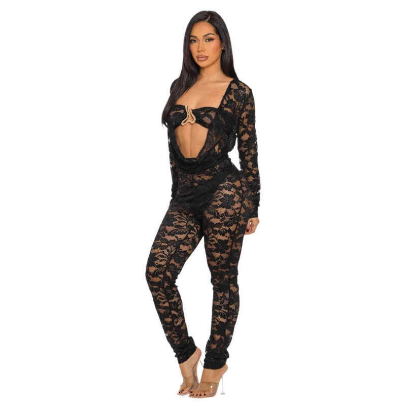 New Fashion Lace Embroidery Hollow Out Slim Fit Sexy Metal Design Long Sleeve Jumpsuit B5