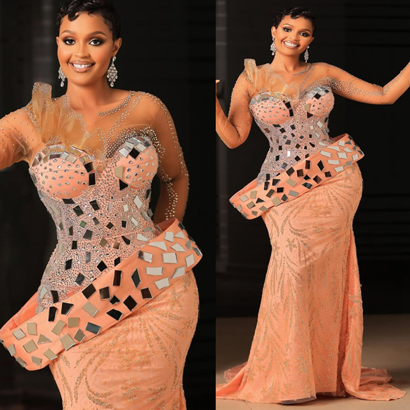 2025 Plus Size Watermelon Aso Ebi Prom Dress Mermaid Prom Dresses Evening Formal Gowns Sheer Neck Long Sleeves Crystals Birthday Dress Second Receptio