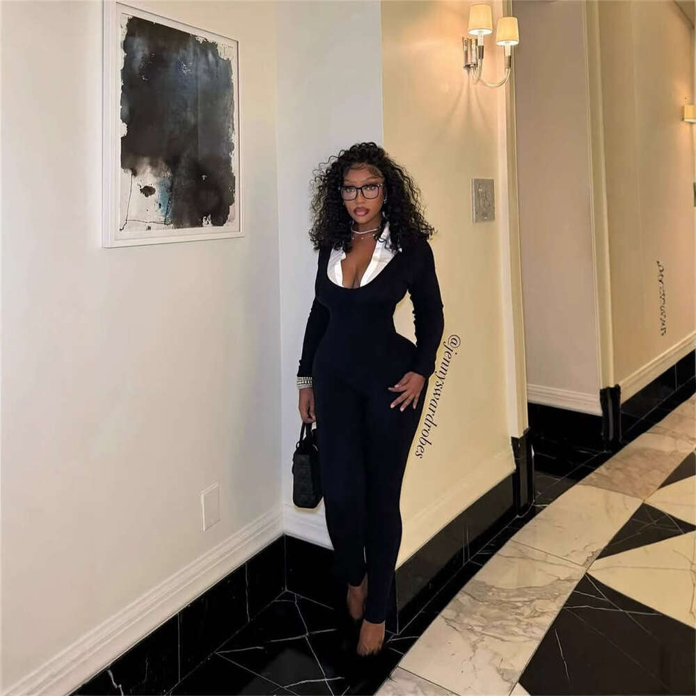 New Fashion Elastic Color-Block Fake Two-Piece Turn-Down Collar Long Sleeve Solid Color Jumpsuit For Women B5