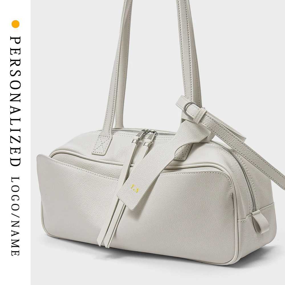 Gold Stamping First Letter 2025 Spring and Summer Genuine Leather Bowling New Wens Bag Simple First Layer Cowhide Bost B250618