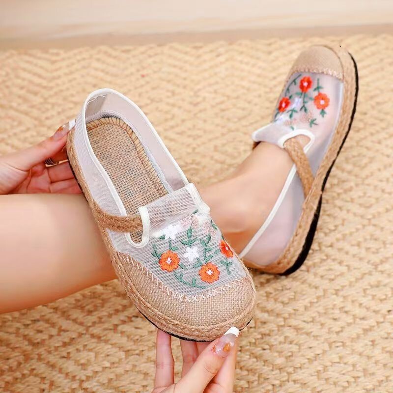 New Old Beijing Cloth Summer Women Soft Sole Non-Slip Mesh Embroidered Shoes Slip-On Lazy Flat Slippers