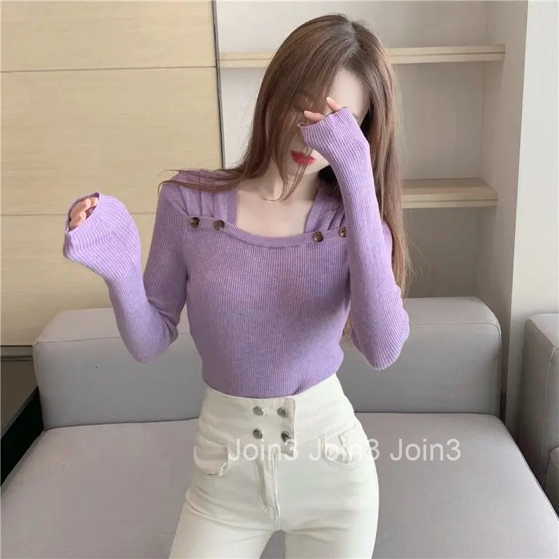 Square Neck Knit Tops for Woman Cute Winter Button Purple Kawaii Womens Sweater Cold Streetwear Korean Fashion Long Sleeve 2025