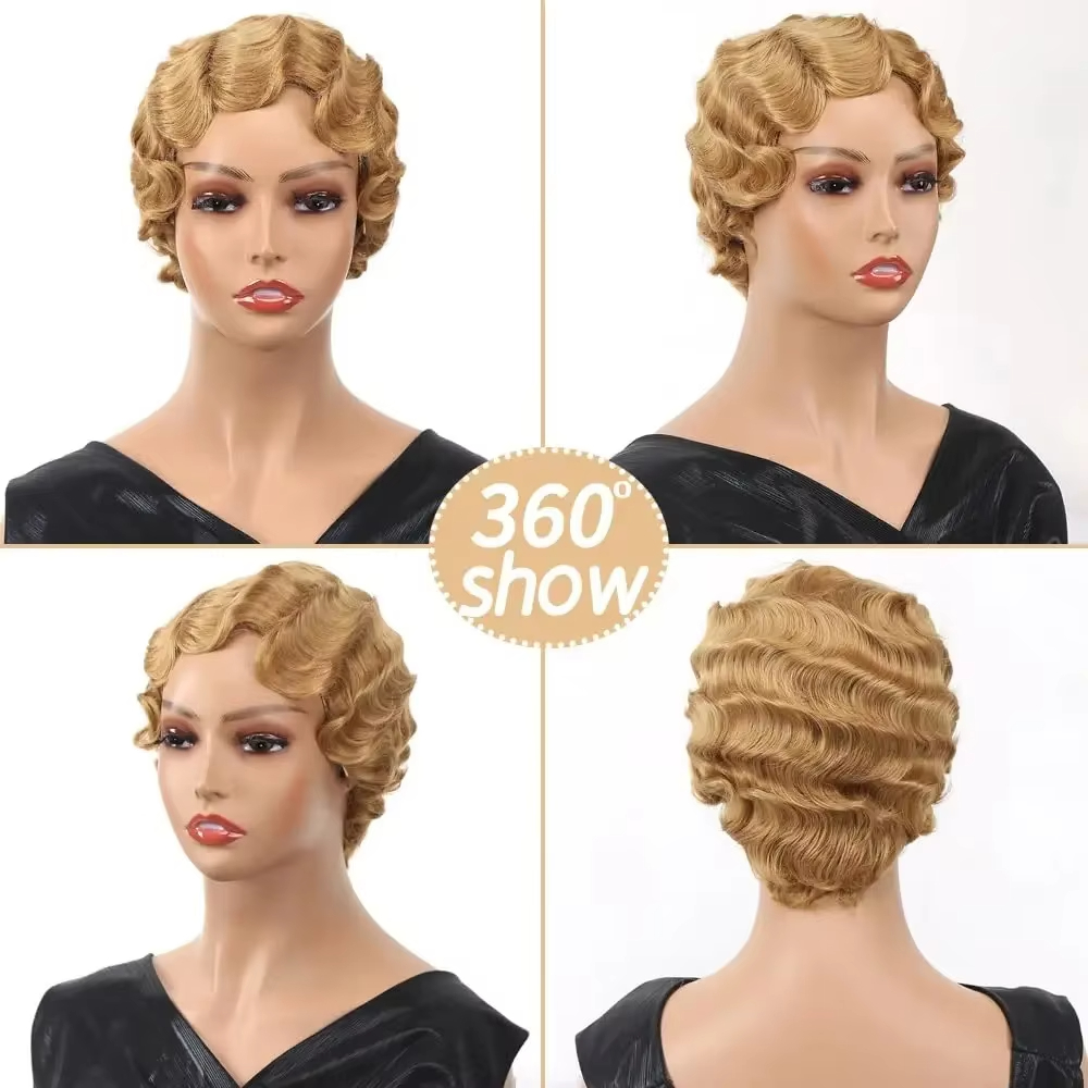 100% Human Hair Pixie Cut Short Bob Wavy Wig Curly Black Colored Cute Wig African Black Wigs for Women Mommy Wig Short Pixie Cut Wigs Vintage Short Ha