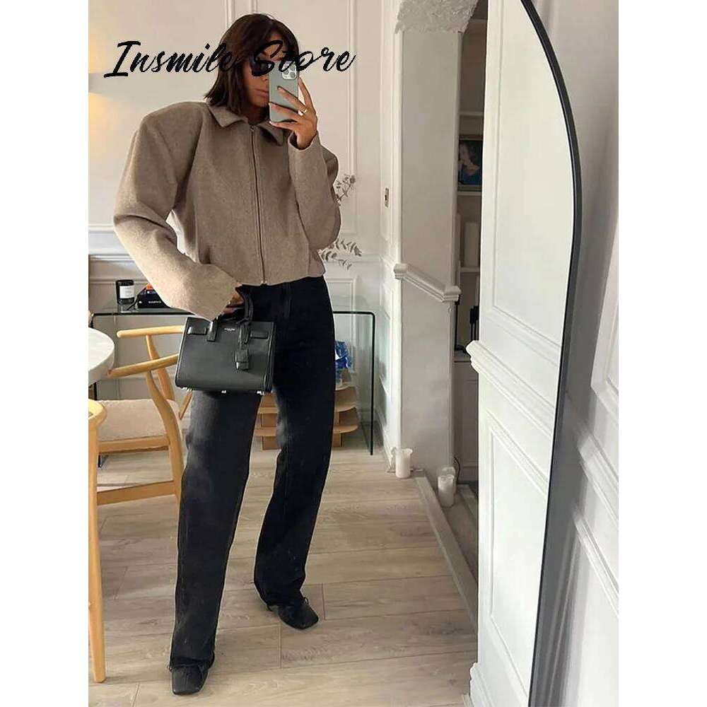Vintage Khaki Women Short Coat Lapel Long Sleeve Zipped Pleated Loose Female Jacket 2025 Spring New Fashion Street Lady Jackets