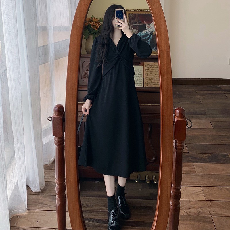 XR188 Retro Square Neck Over-the-Knee Waist Long Skirt Covering Belly