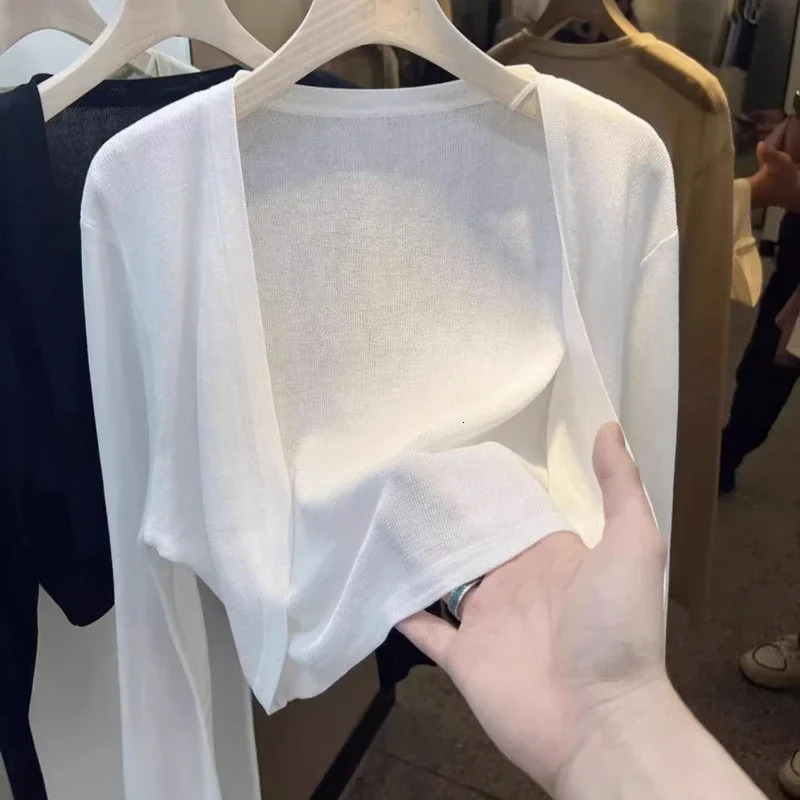 Summer Short Ice Silk Knitted Sun Protection Cardigan Womens Thin Suspender Skirt Layered Gauze Jacket Air-conditioned Cover Up 250617