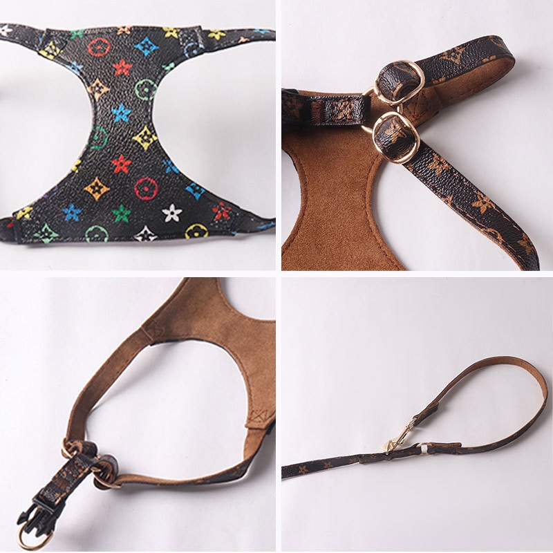 Step In Dog No Pull Imitation Design Print Adjustable Soft PU Leather Suede Lining Pet Vest Harness And Leash Set For Small Medium Dogs XS B141 42C96