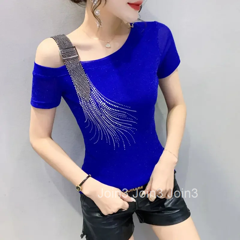 Off Shoulder Female Top Sequin Womens T-shirt Aesthetic Clothing Elegant Polyester Youthful Clothes Korean Streetwear Tee Y2k