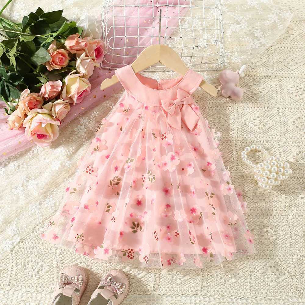 (0-3 Years Old) Summer Mesh All Over Flower Bow Baby Girl Dress Cute Sleeveless Girl Princess DressC250617