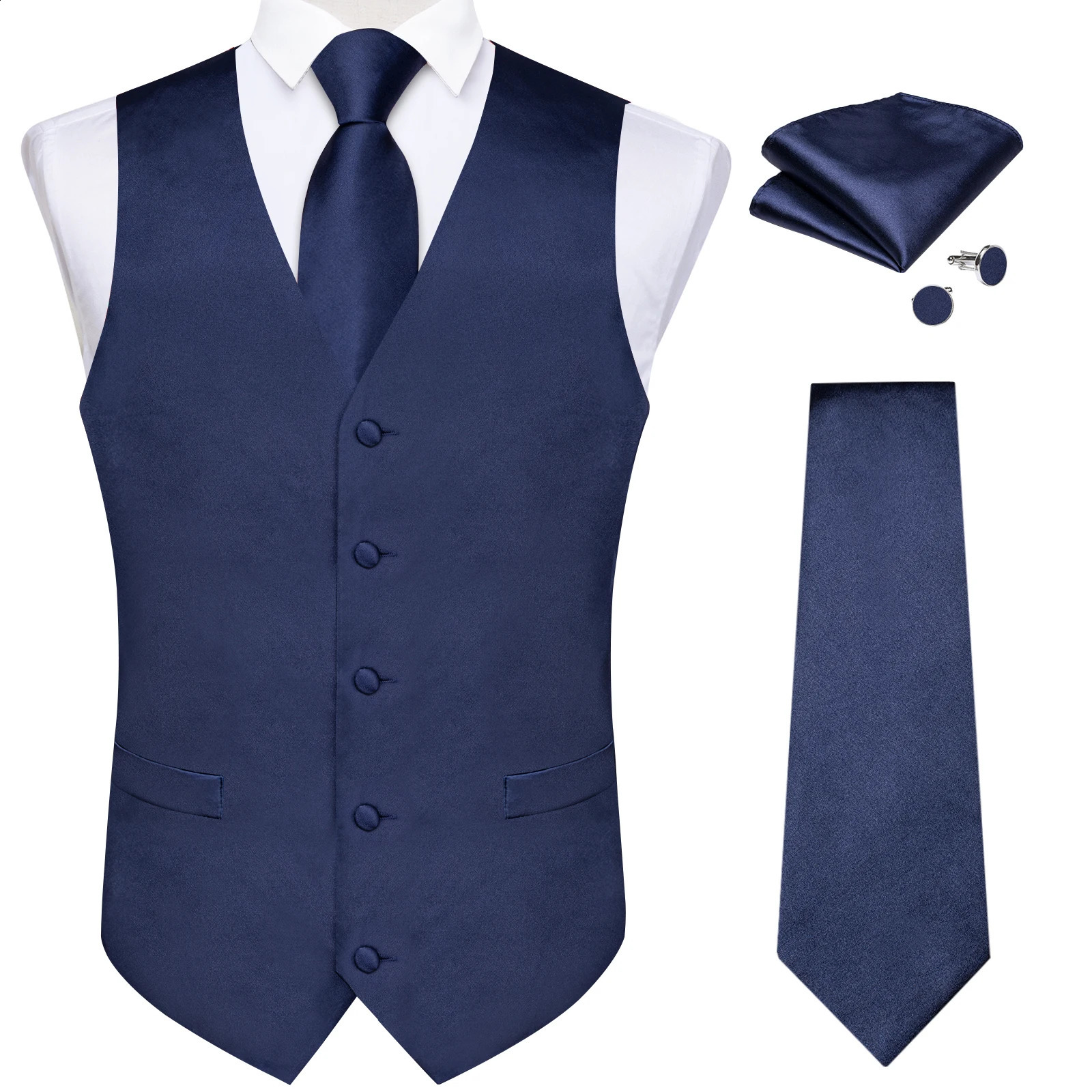 Satin Mens Solid Blue Suit Vest with Tie Handkerchief Cufflinks Business Formal Waistcoat Wedding Prom Men Sleeveless Jacket 250614