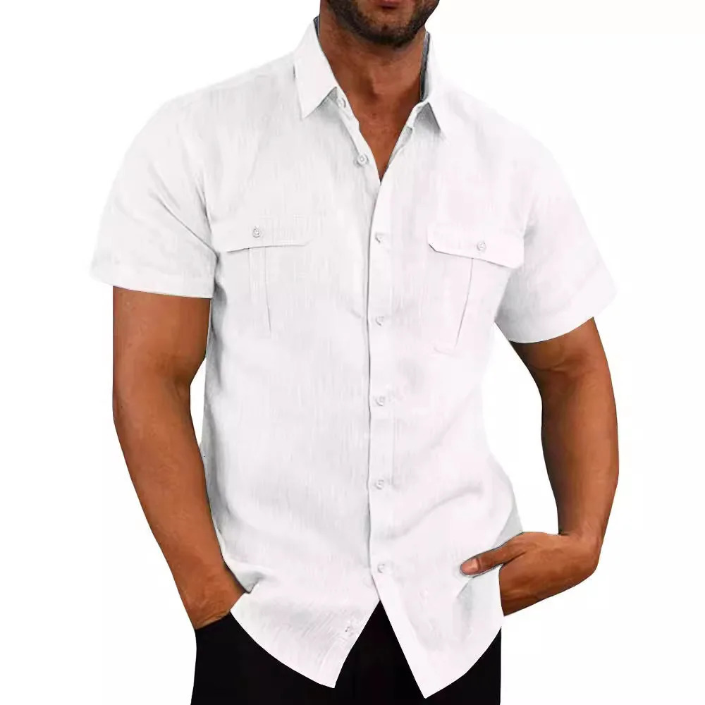 Mens Shirt Double Pocket Cotton Linen Short Sleeve Shirts for Men Casual Holiday Beach Shirt streetwear Solid Color Slim Fit 250616