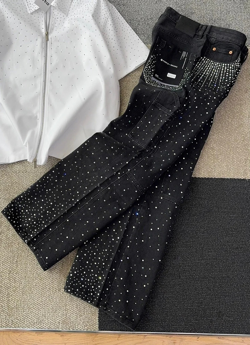 Harajuku Hip Hop Streetwear Hip Hop Rhinestone Sequin Jeans Y2K Clothes Mens Womens Baggy Jeans Low Waist Wide Leg Trousers 250617