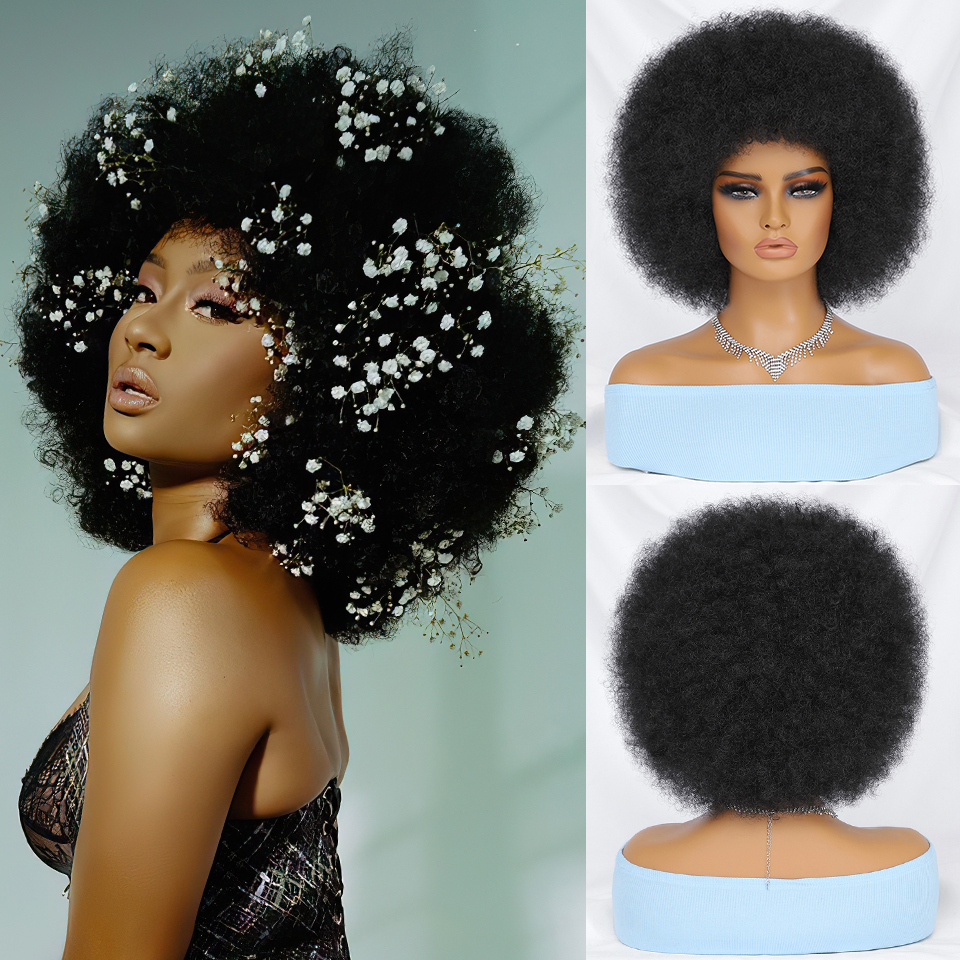 Fluffy Afro Synthetic Curly Short Glueless Chemical Fiber Wig for Black Women 10 Inches 13X4x1 Natural