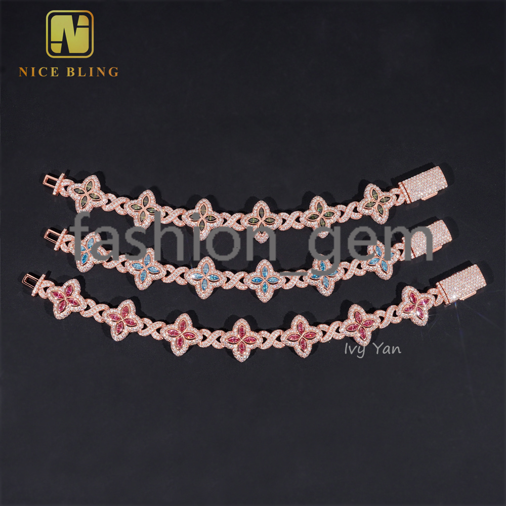 Rich Color Luxury Flower Design 18mm Custom Iced Out Hip Hop Unisex Jewelry Cuban Link Chain 925 Silver VVS Moissanite Bracelet
