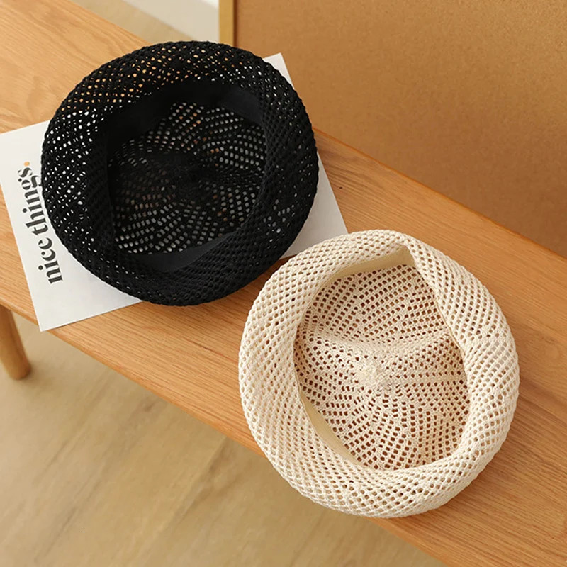 Korean Straw Woven Berets for Women Summer Thin Hollow Mesh Painter Cap Solid Color Breathable Female Lady Pumpkin Hats 250604