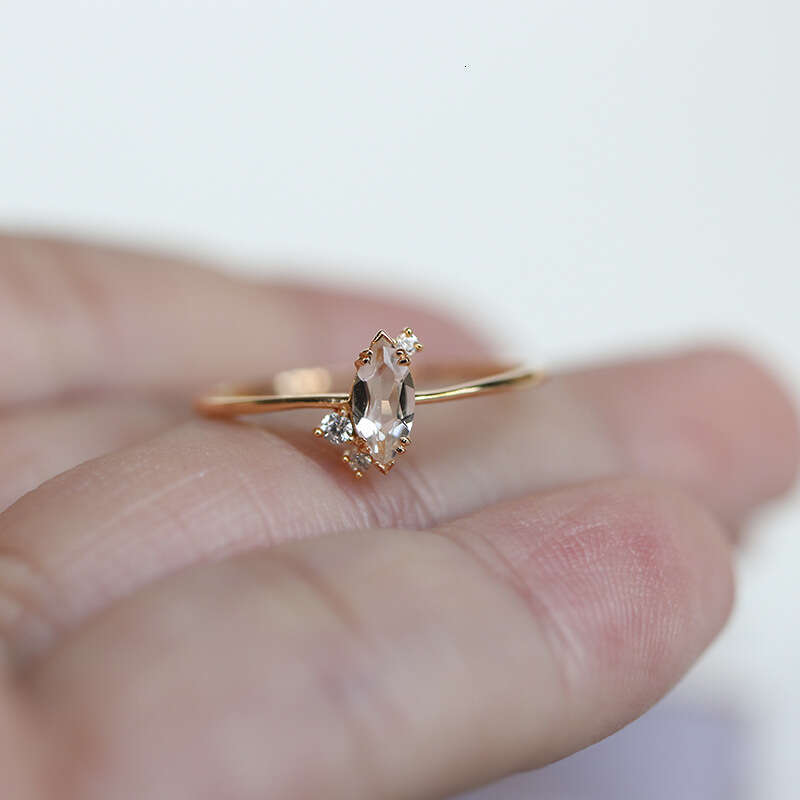 Pure Natural White Crystal Marquise Small and Simple 14K Gold Plated Minimalist Unique Light Luxury Ring