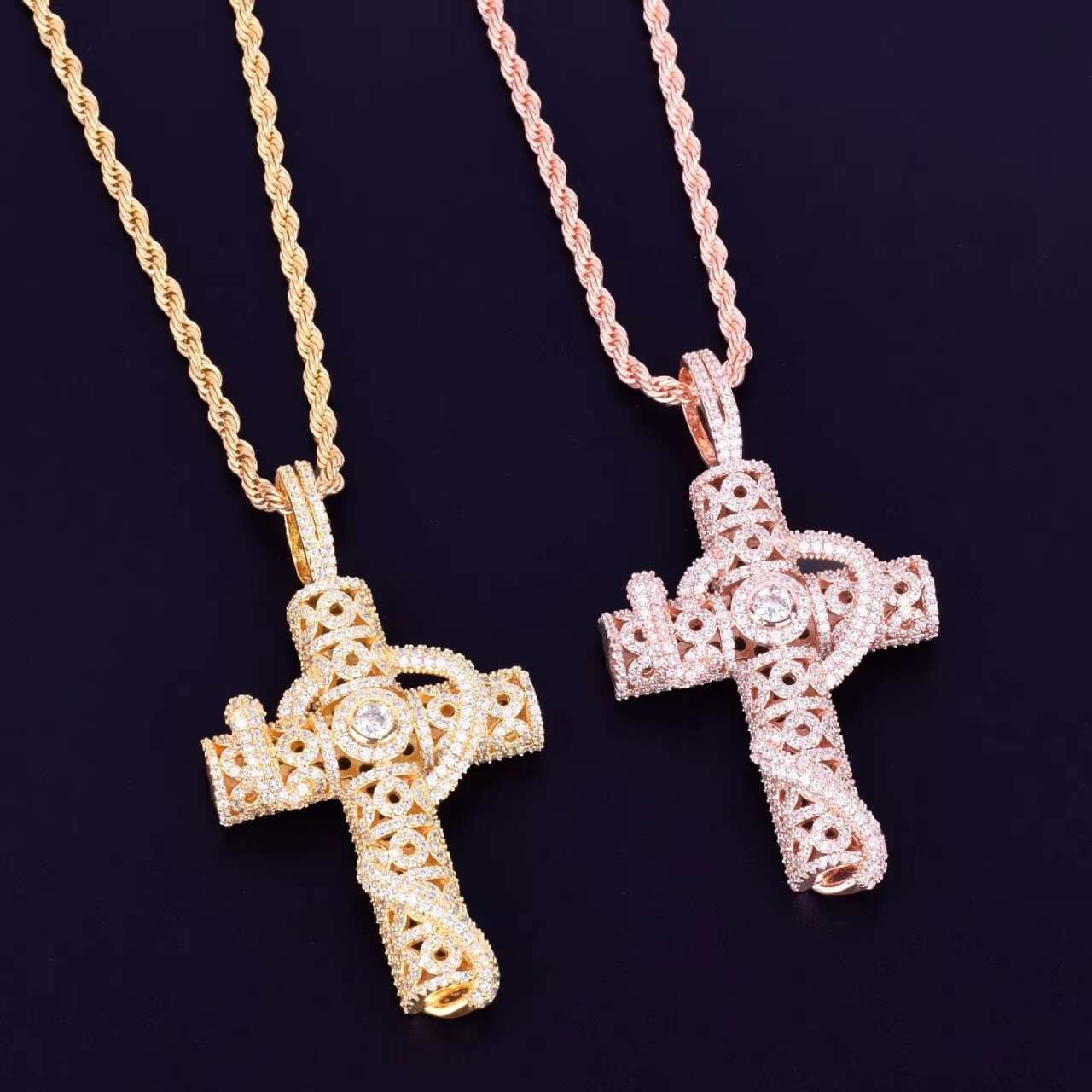 Rose Gold .925 Silver Snake Serpent VVS Diamond CZ Moissanite Cross Pendant Charm