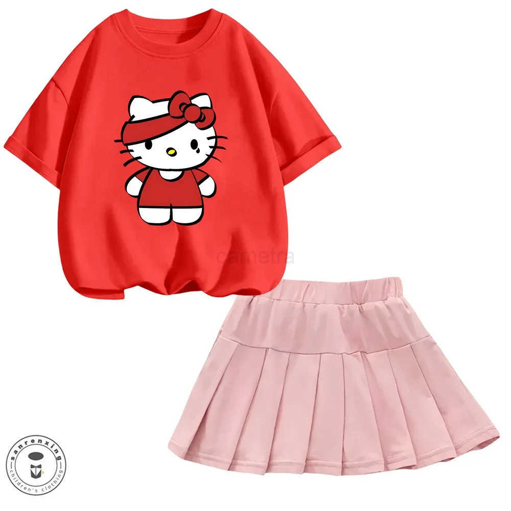 Sanrio Sanrio Hello Kitty Girl Cartoon Cute T-shirt Short Skirt Short Sleeve My Melody Summer Childrens Pleated Skirt Jk SuitXJ250618