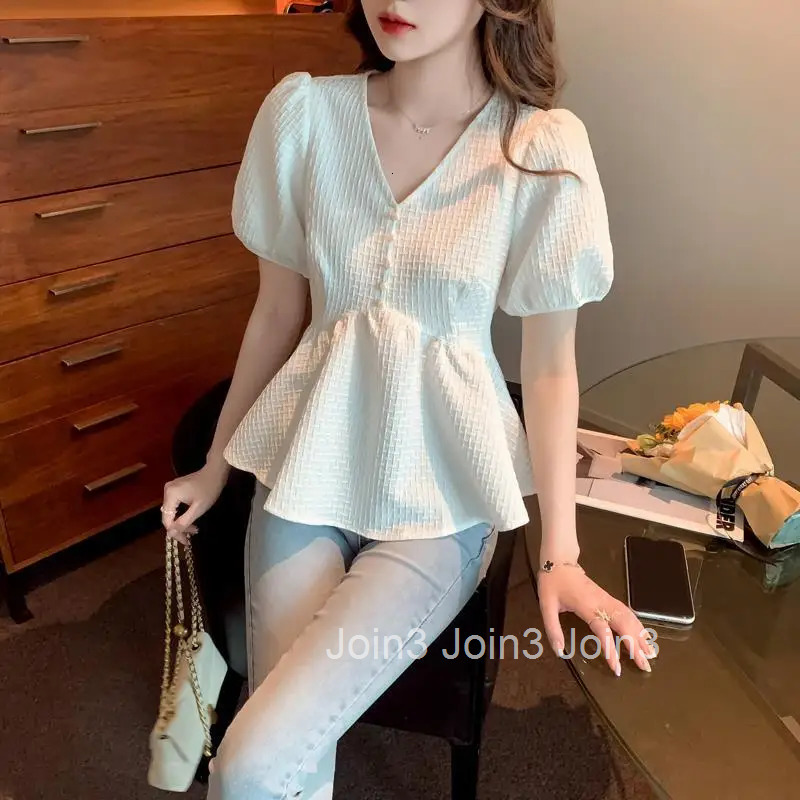 Clothing Ruffle Womens Shirts and Blouses Frill Top for Woman Chiffon with Puffy Sleeves V Neck White Tall Elegant Social M Y2k