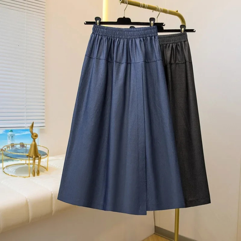 Plus Size Plus Size Style Slim Fit Lyocell Denim Shorts Summer Thin Elastic Waist Cool Wide Leg Slit Skirt Pants for plus 250609