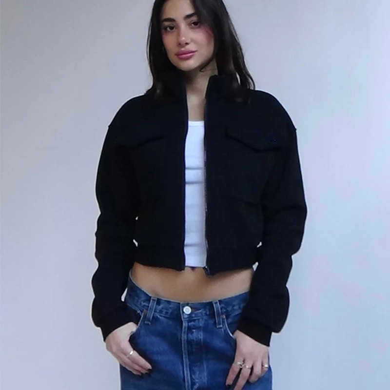 Women's casual fashion European and American style pure color zip-up jacket with pockets and long sleeves for ladies.