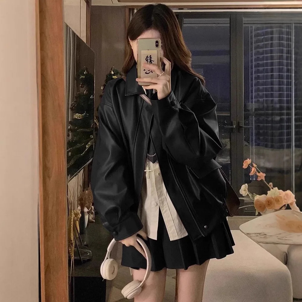 Meridian Brown Biker Leather Jacket Female Spring and Fall American Retro Windproof Pu Jacket 250613