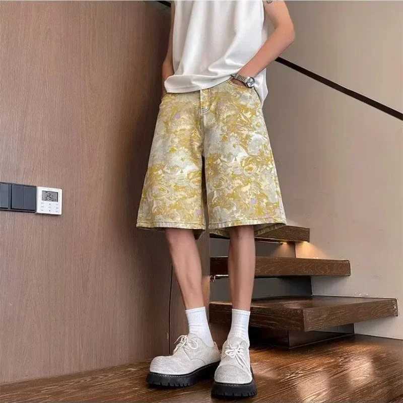 Yellow Tie-Dye All-Over Jacquard Denim Shorts for Men - Summer Thin Style American Retro Loose Straight Camo Five-Point Pants XJ250618