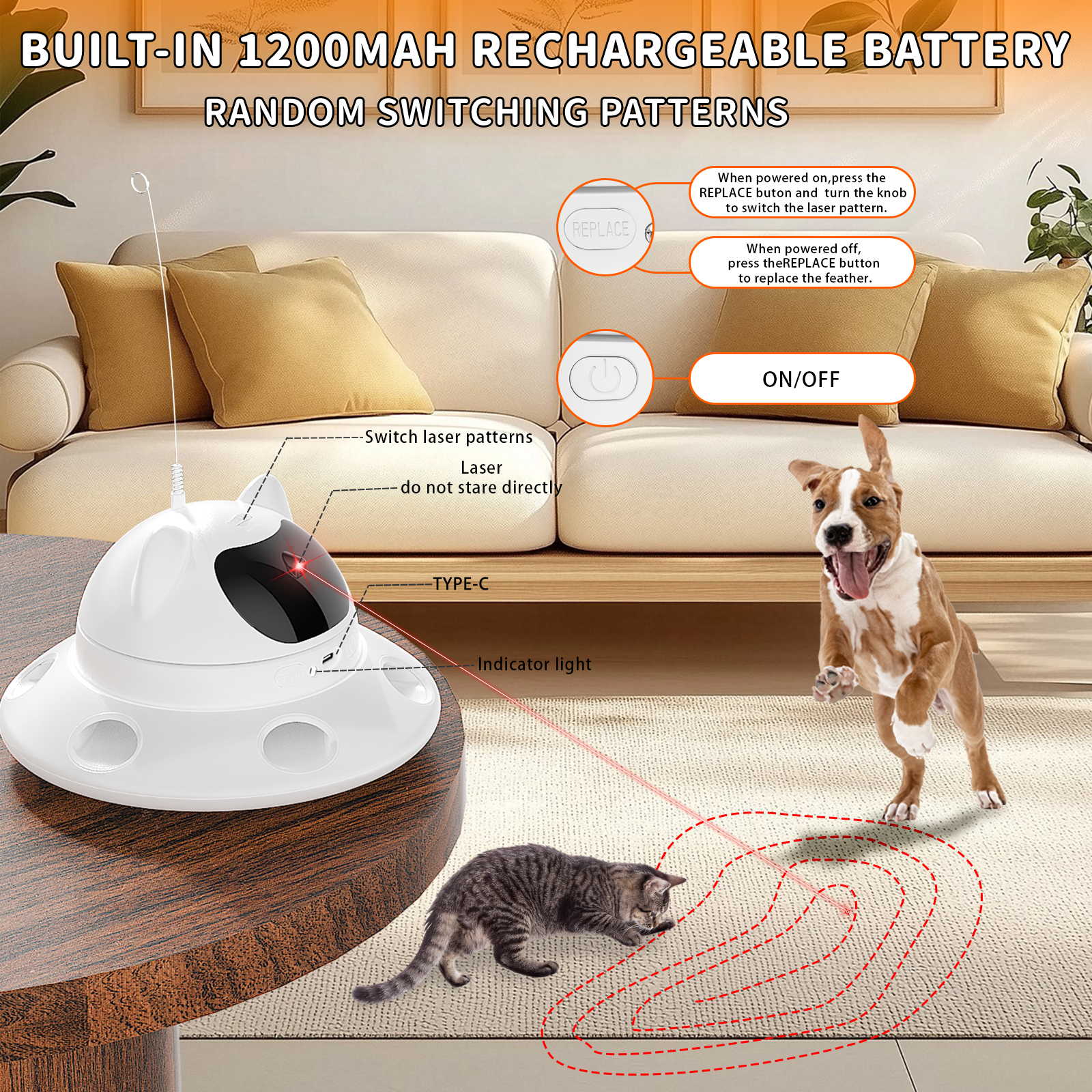 Interactive 3-In-1 Cat Toy with 6-Hole Whack-a-Mole Feature - Motion Activated, Feather Chase, USB Rechargeable