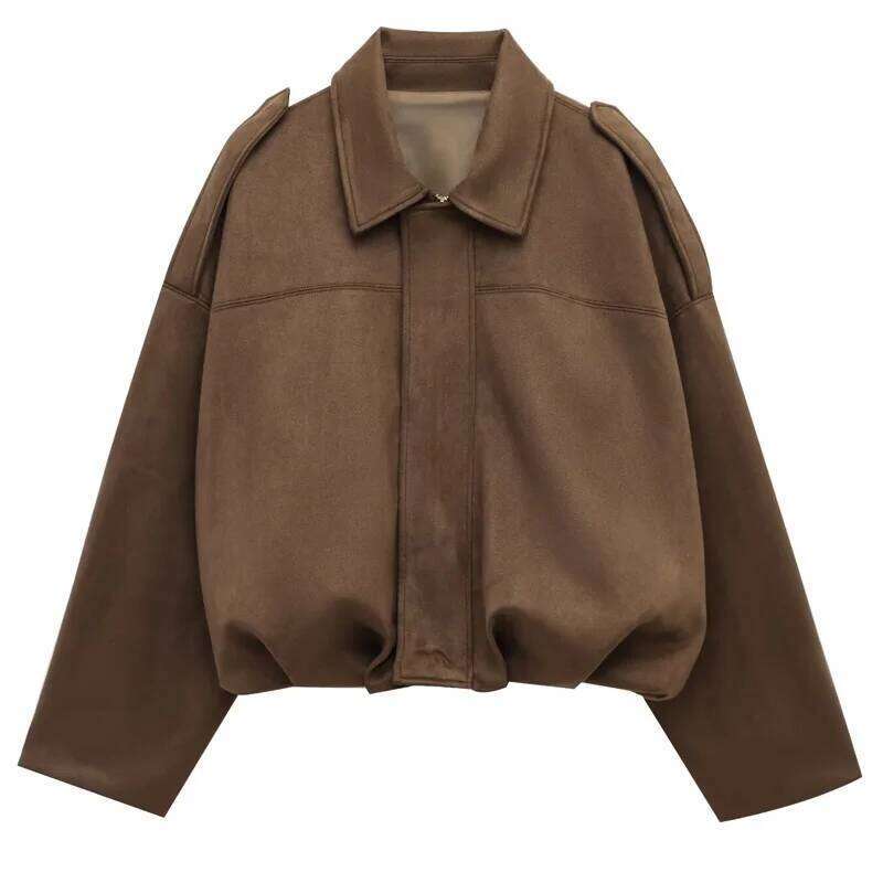 TRAF Cropped Oversize Outerwears Women's Jacket Spring Suede Bomber New In & Jackets Khaki Green Long Sleeve Coats
