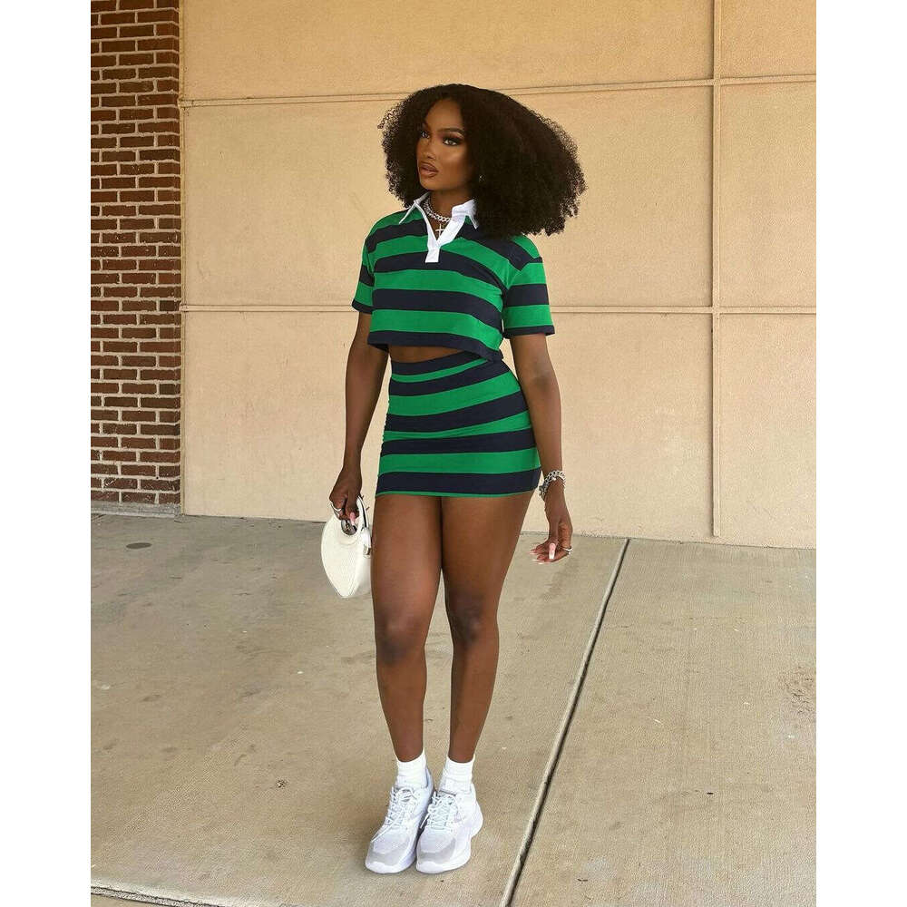 New Fashion Striped Color-Block Short Crop Top With Long Sleeves And Turn-Down Collar, Bodycon Skirt Set B5