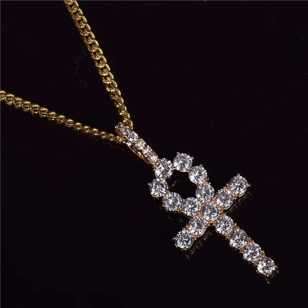 New Trend 22k Gold Silver Egyptian Ankh Cross Pendant Inspired by African Culture with Moissanite Cuban Chain Necklace