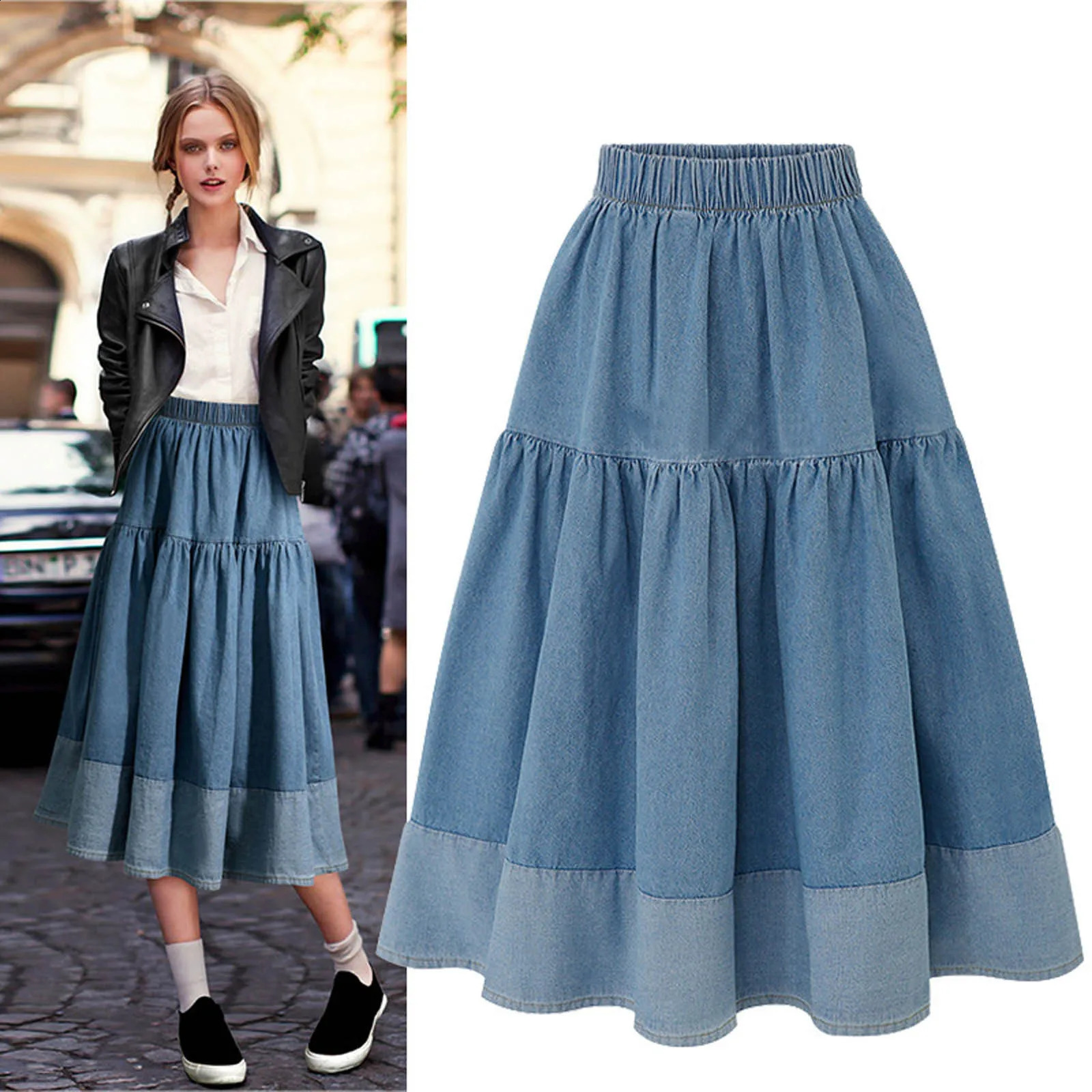 Blue Denim Skirt Womens High Waist Tiered Long Skirts Elastic Casual Dress A Line Jeans Girls Clothes 250610A