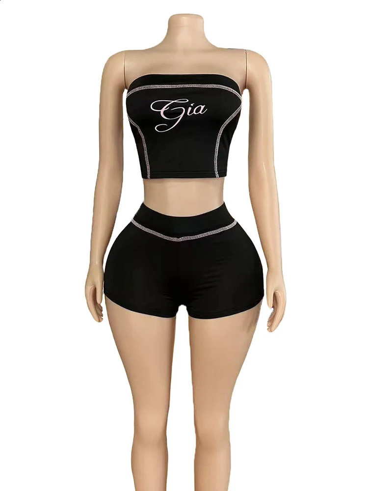Weird Puss Letter Print Women 2 Piece Set Tracksuit Letter Print Strapless TosShorts Matching Streetwear Skinny Stretch Outfits 250617