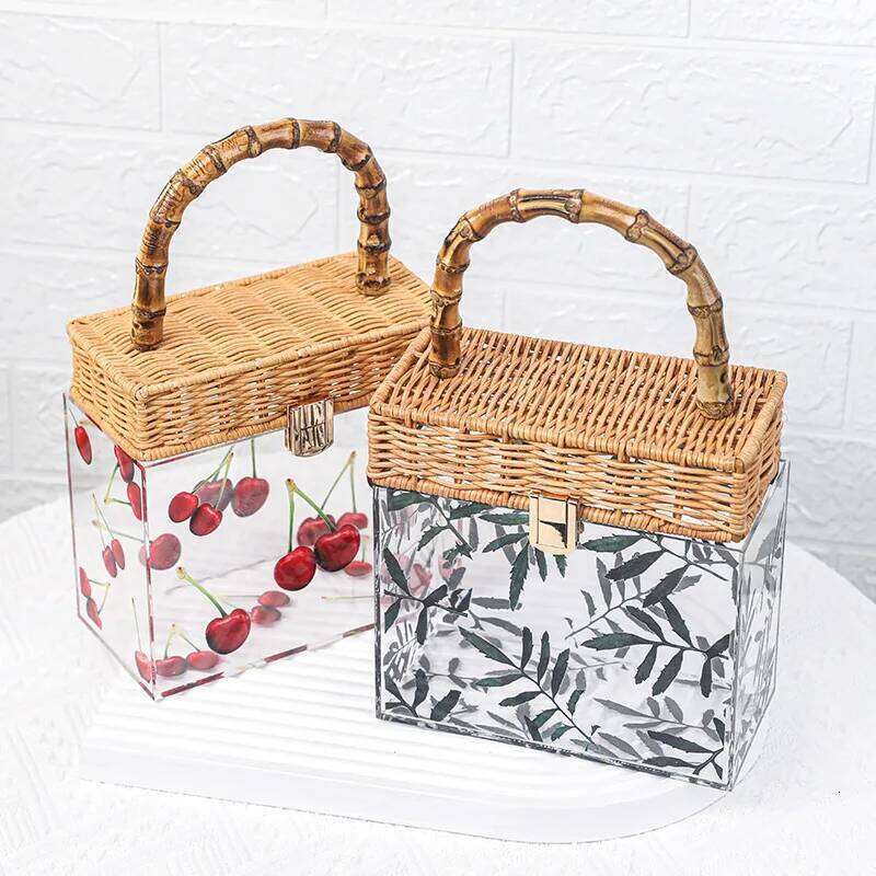 Fashion Transparent Box Women Handbags Vintage Rattan Bamboo Handle Hand Bags Handmade Summer Beach Bag Retro Party Purses 2023