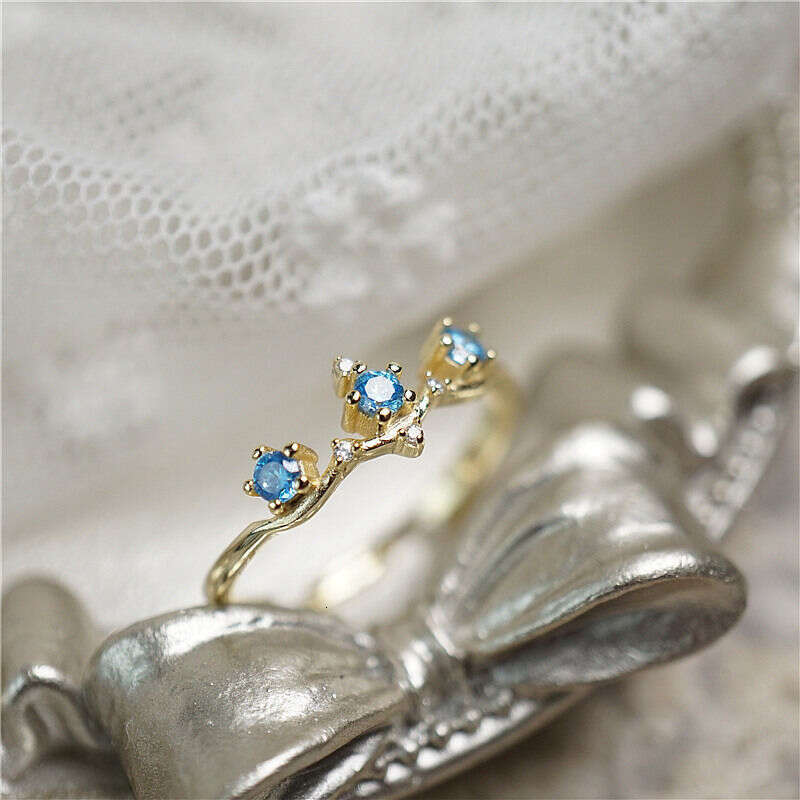 Light Luxury Micro Paved Blue Zircon Open Ring Ins Gold Color Thin Band for Women