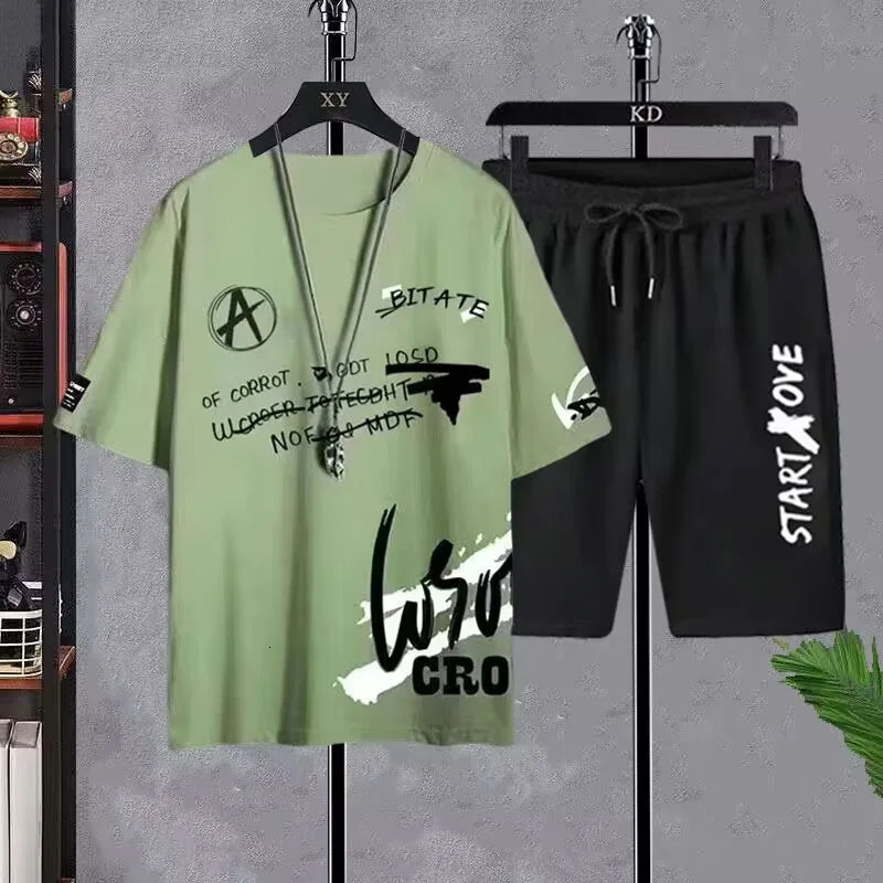 Summer Set for Men Clothes Casual Short Sleeve T ShirtShort Sets 2 Piece Sets Men Y2K Tracksuits Oversized O-Neck Print T-shirt 250617