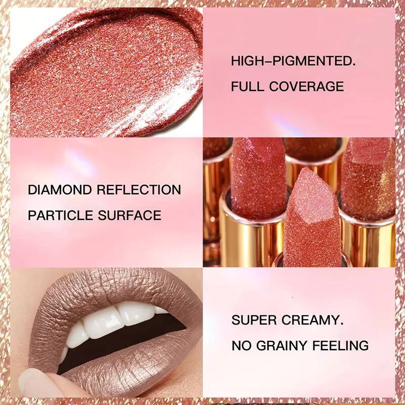 12 Colors Diamond Pearlescent Glitter Shiny Metallic Lipstick Long Lasting Lip Tint Non-stick Cup Red Sexy Lips Makeup happy