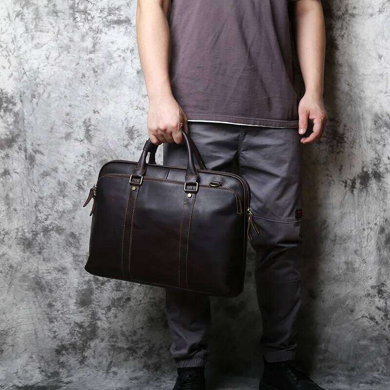 NZPJ Vintage Handmade Leather Handbag Top Layer Cowhide Large-Capacity Business Computer Men's Shoulder Diagonal Bag