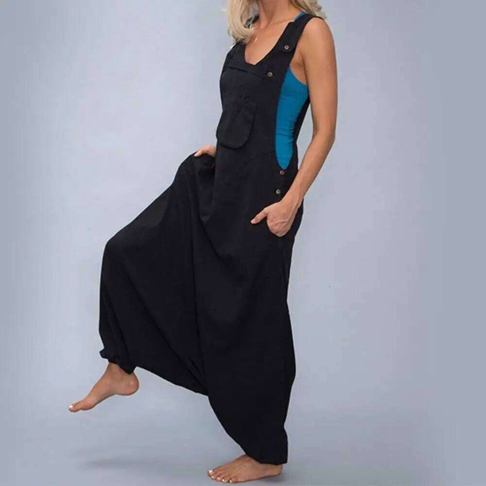 Wear Solid Color Buttons Special Loose Type Sleeveless Jumpsuit Deep U Neck Individual Women Romper Female Clothes