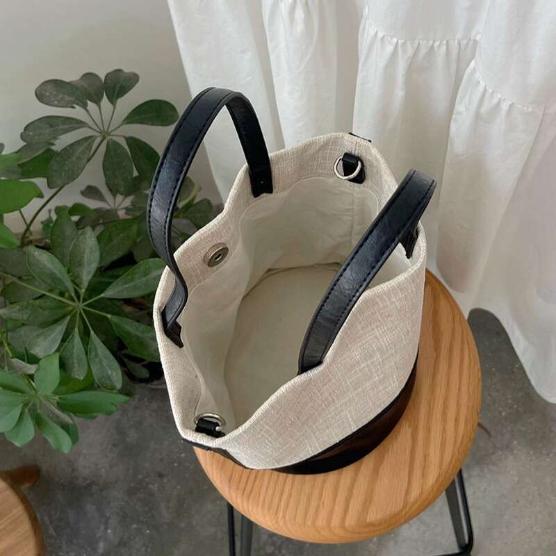 Korean Niche Handbag New Summer Women's Canvas Color Block Versatile Bucket Commuter Large Capacity Shoulder Crossbody Bag